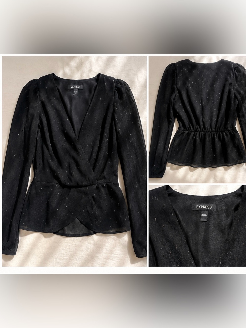 Express Black Metallic Dot Wrap Peplum Top
